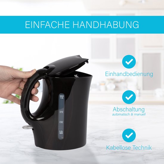 Clatronic® Wasserkocher 1L | 900W | BPA frei | Einhandbedienung | Wasserstandsanzeige | Kettle | Überhitzungsschutz | WK 3834 schwarz