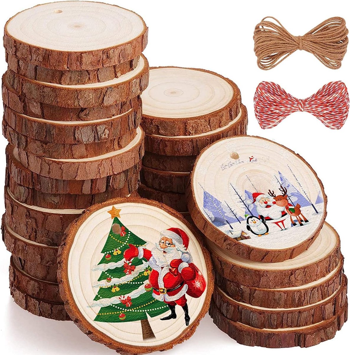SINJEUN 100 stuks houten schijven 6-7 cm, kleine natuurlijke boomschijven met gat en touw, onafgewerkte houten schijven om te knutselen, natuurlijke houten schijven voor doe-het-zelf handwerk