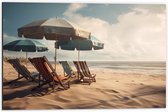 Dibond - Strandstoelen en Parasols op het Strand op Bewolkte Dag - 60x40 cm Foto op Aluminium (Met Ophangsysteem)
