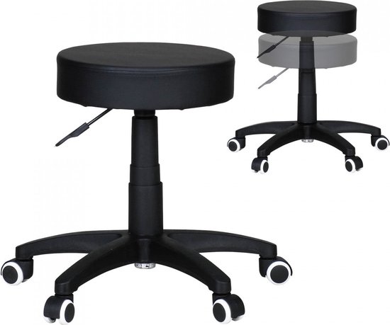 Tabouret de travail Rootz - Design Zwart - Rembourré - Tabouret à Roulettes - Dossier gratuit