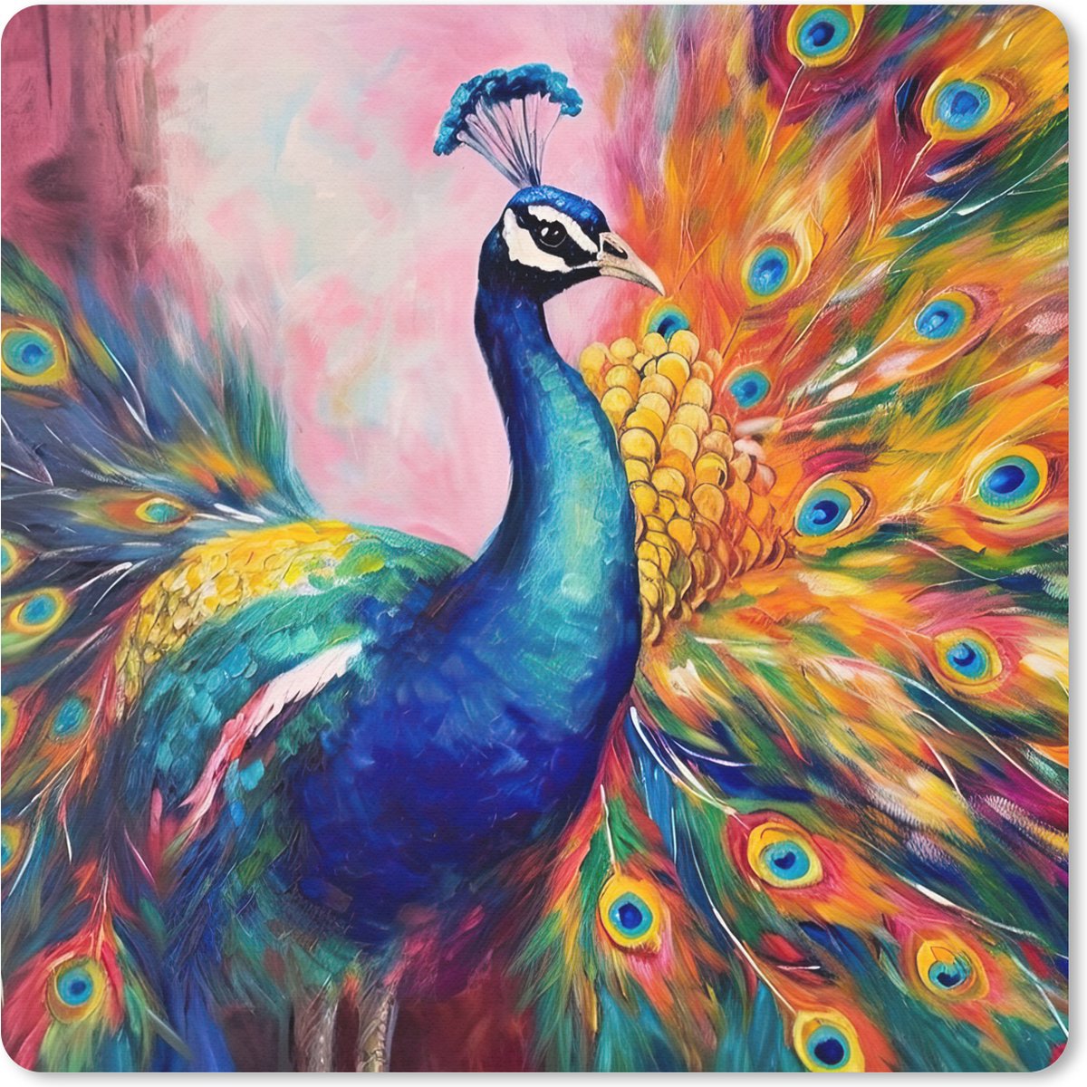 Muismat 20x20 cm - Mousepad Pauw - Dieren - Schilderij - Regenboog - Muismatten