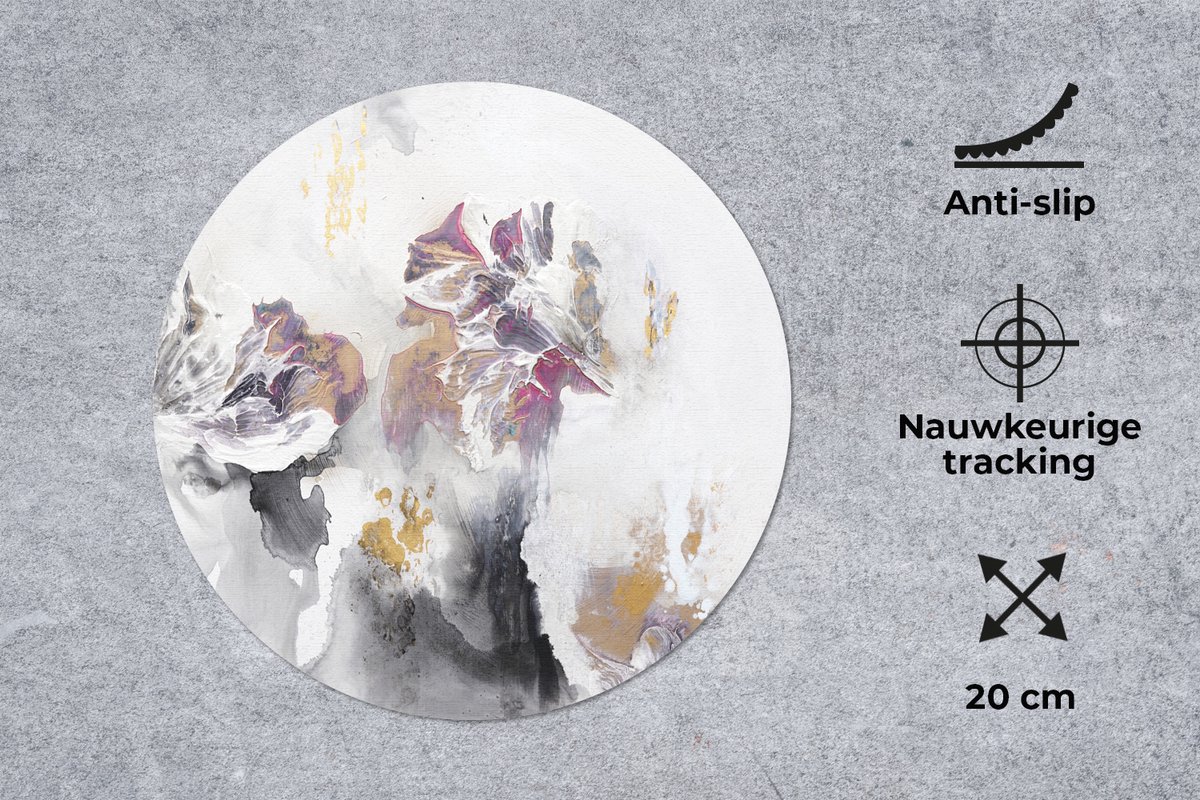 Muismat rond 20x20 cm - Mousepad Verf - Kleuren - Wit - Abstract- Goud - Ronde muismatten