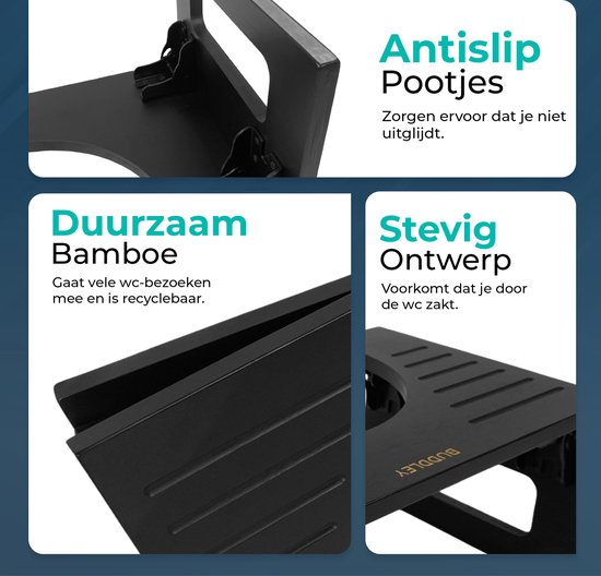 Zwart bamboe toiletkrukje met antislip pootjes en stevig ontwerp.