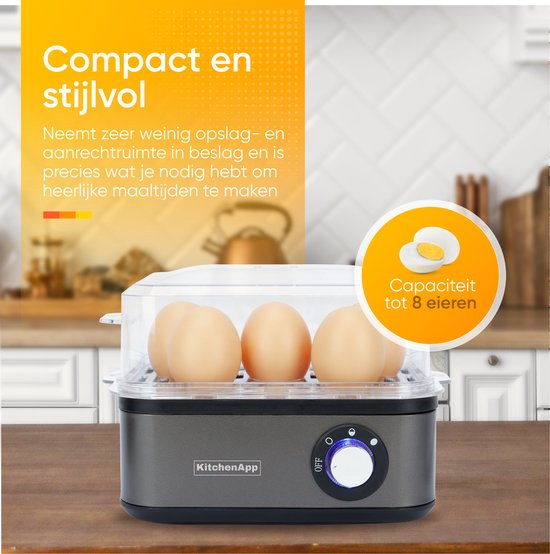 KitchenApp Eierkoker elektrisch - Geschikt voor 8 eieren - Met timer - Inclusief maatbekertje - Zilvergrijs - KitchenApp