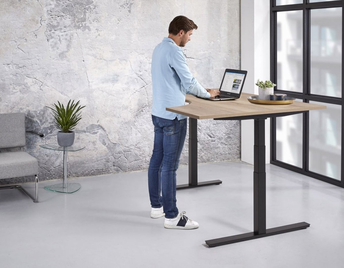 Elektrische zit-sta hoek wingbureau Teez breed 180CM diep 120CM bladkleur Logan eiken framekleur Antraciet (Ral 7016) wingzijde Links