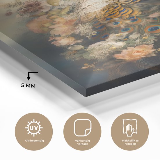 MuchoWow® Peinture sur verre - Paon - Plumes de paon - Fleurs - Vogels - Botanique - 60x80 cm - Peintures sur verre acrylique - Photo sur Glas