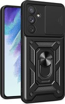 Hoesje met Camera Slider Geschikt voor de Samsung Galaxy A54 - Back Cover met Standaard - Uitklapbare Kickstand Ring - Beschermhoes TPU - Magneet voor Auto Houder Zwart