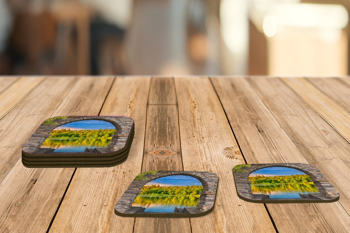 Onderzetters voor glazen - Bomen - Bos - Water - Doorkijk - 10x10 cm - Glasonderzetters - 6 stuks