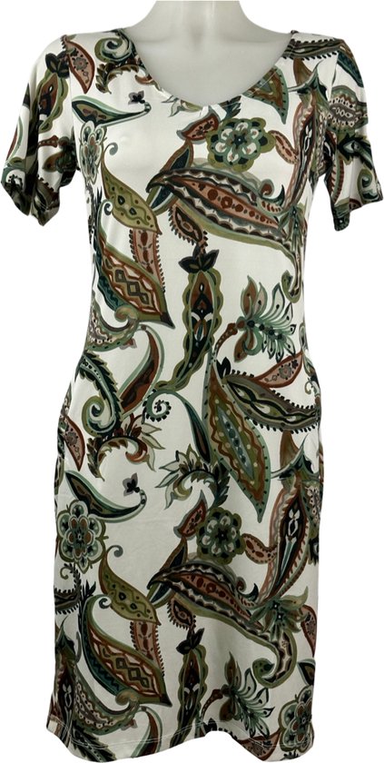Angelle Milan – Travelkleding voor dames – Groen/witte print Jurk – Ademend – Kreukherstellend – Duurzame jurk - In 5 maten - Maat XL