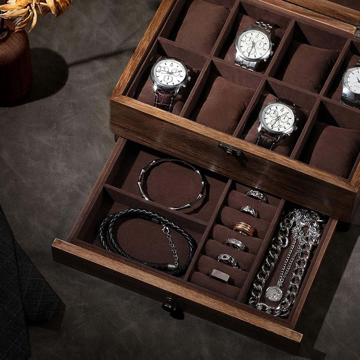 IRIVER BLANK Kersenhouten horlogedoos - Hoogwaardige massief houten opbergdoos voor herenhorloges, vintage cadeau, elegante en duurzame organizer, displayhouder voor mannen (kers, drie horloges