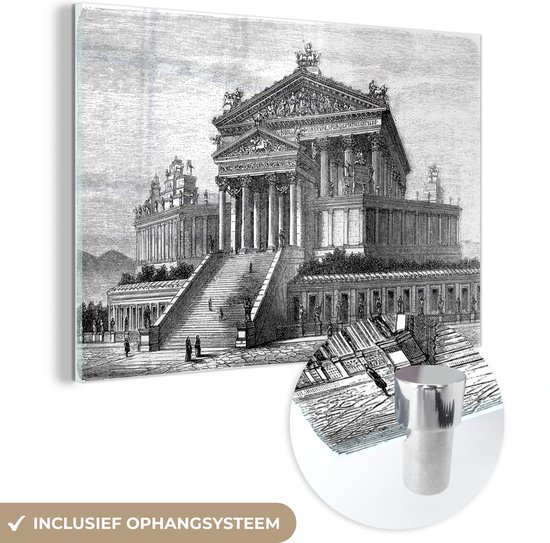 MuchoWow® Glasschilderij 30x20 cm - Schilderij acrylglas - Zwart-wit illustratie van een tempel van Jupiter in Rome - Foto op glas - Schilderijen