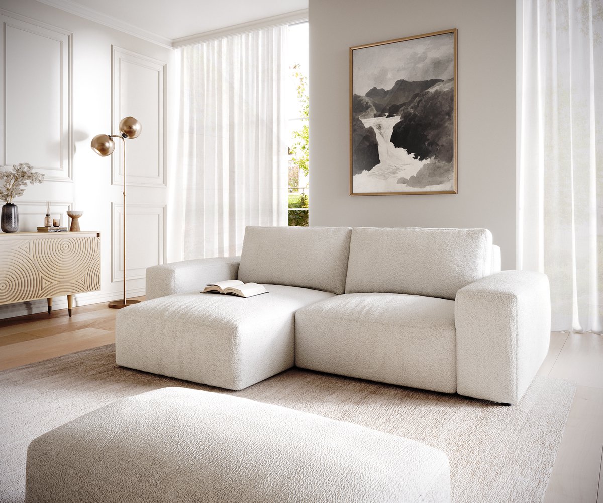 DELIFE Hoeksofa Lanzo bouclé crème-wit 230x155 cm met variabele recamière en hocker Creme-Weiß