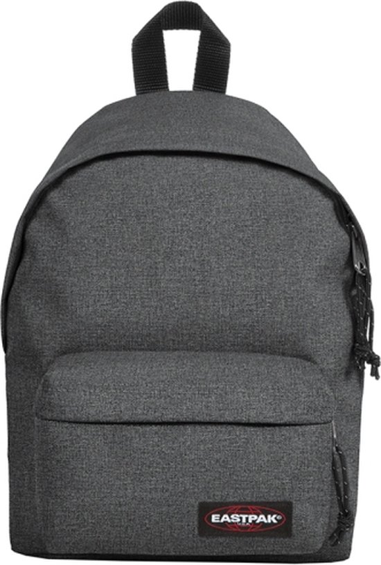 Donkergrijze Eastpak Orbit rugzak in denimlook met een voorvak en Eastpak logo.