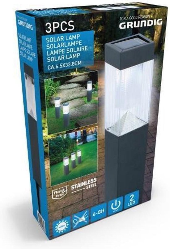 9x Solar tuinlampen pilaar/paal op zonne-energie 34 cm - Tuindecoratie/accessoires - Tuinverlichting - Tuinlampen - Buiten verlichting - Buiten lampen - Solar/zonne-energie lampen voor in de tuin - Grundig