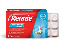 Rennie Pepermunt Kauwtabletten | 96 stuks | Verlicht Snel Brandend Maagzuur en Zure Oprispingen | Neutraliseert Overtollig Maagzuur | met Pepermunt Smaak | voor 12 Jaar en Ouder