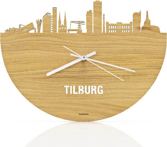 Skyline Klok Tilburg Eikenhout - Ø 40 cm - Stil uurwerk - Wanddecoratie - Meer steden beschikbaar - Woonkamer idee - Woondecoratie - City Art - Steden kunst - Cadeau voor hem - Cadeau voor haar - Jubileum - Trouwerij - Housewarming - WoodWideCities