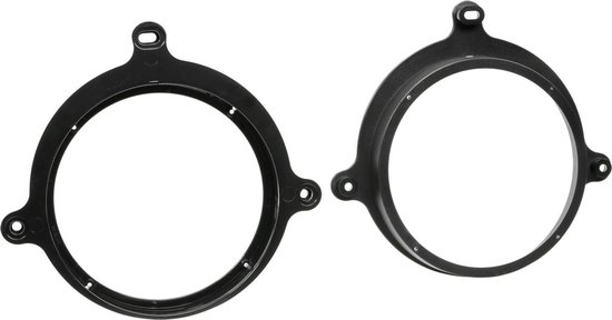 Twee zwarte luidsprekerringen met montagegaten, afmeting 165 mm.