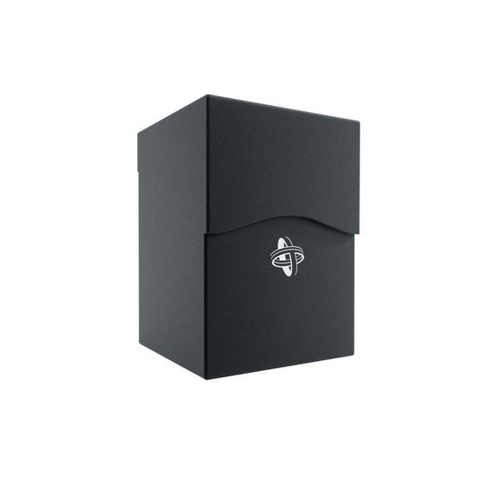 Gesloten zwarte deckbox met een golvend deksel en een logo op de voorkant.