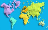 Schilderij - Geometrische wereldkaart, Gekleurde continenten, 2 maten, Premium print