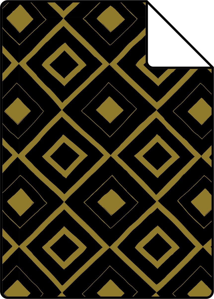 Proefstaal ESTAhome behang ruiten zwart en glanzend goud - 26.5 x 21 cm - 128829-S