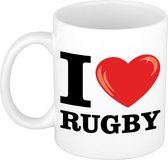 I love rugby wit met rood hartje koffiemok / beker 300 ml - keramiek - cadeau voor sport / rugby liefhebber