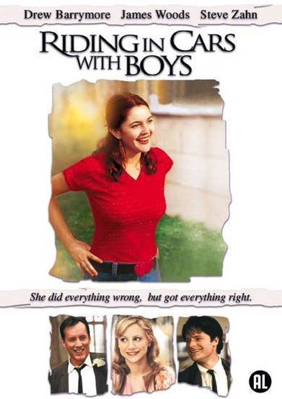 Film poster voor 'Riding in Cars With Boys' met Drew Barrymore in een rode top.