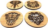 Onderzetters Geometrische Dieren - Bamboe hout - 4 stuk(s) + houder - Ø 9 cm Rond - Cadeau - Woon decoratie - Woonkamer - WoodWideCities