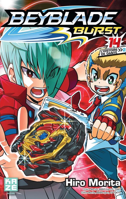 La couverture de Beyblade Burst 14 montre deux garçons avec une Beyblade. "BEYBLADE BURST 14 L'HISTOIRE DE DANTE".