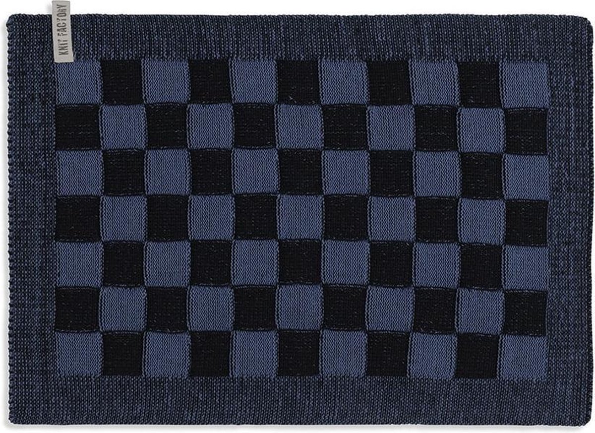 Knit Factory Gebreide Placemat - Onderlegger Block - Eetmat - Zwart/Jeans - 50x30 cm