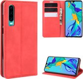 Voor Huawei P30 Retro-skin Business magnetische zuignap Case met houder & kaartsleuven & portemonnee (rood)