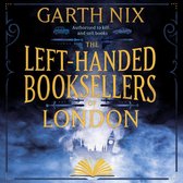 Boekcover van Garth Nix' 'The Left-Handed Booksellers of London' met een open boek, Londense gebouwen en een pistool.