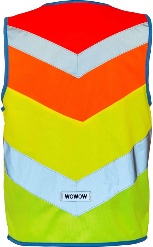 Achterkant van een WOWOW veiligheidshesje: chevron-patroon in oranje, geel, groen met reflecterende banen. WOWOW-logo op de rug.