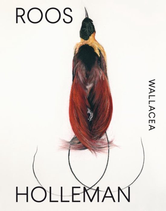 Boekomslag met een tekening van een paradijsvogel met rode staartveren. Roos Holleman Wallacea.