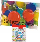 Schetsboek/tekenboek wit papier A4 incl 24 kleurpotloden - Teken/hobby/knutselmateriaal - Tekenset met papier en potloden