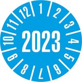 Keuringssticker met jaartal 2023 op boekje, blauw 35 mm - 60 per boekje