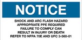 Sticker 'Notice: Arc flash and shock hazard appropriate PPE required', 300 x 150 mm