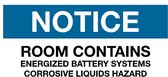 Sticker 'Notice: Room contains, corrosive liquids hazard' 150 x 75 mm