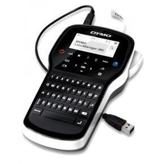 Zwarte DYMO LabelManager 280 labelprinter met AZERTY-toetsenbord, verbonden via USB-kabels.