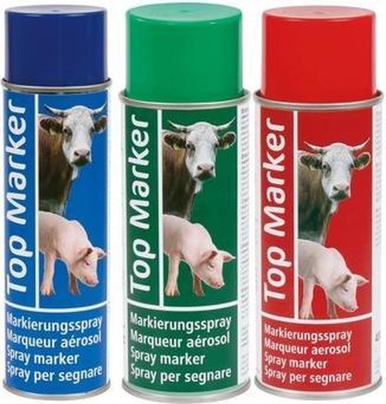 Drie spuitbussen (blauw, groen, rood) met 'Top Marker' tekst. Afbeeldingen van koeien en varkens.