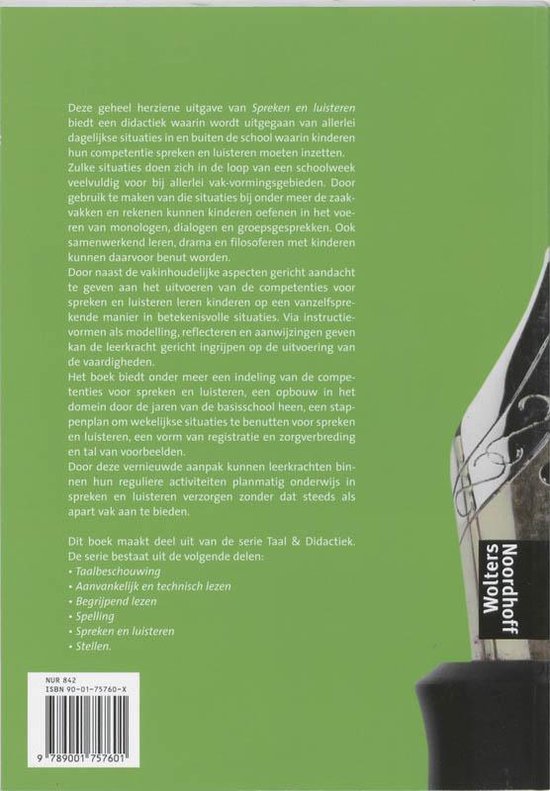 Achterkant van het boek 'Spreken en luisteren', met tekst en een afbeelding van een pen.
