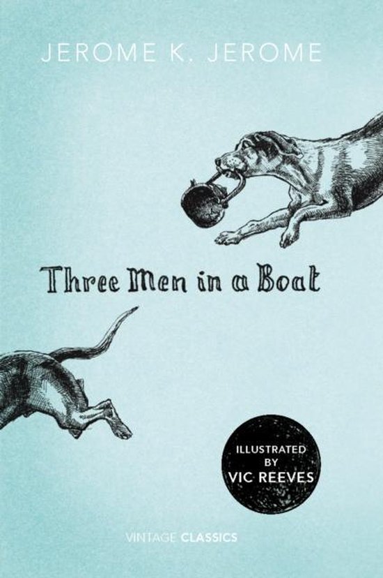 Boekomslag van 'Three Men in a Boat' door Jerome K. Jerome, met illustraties van Vic Reeves.