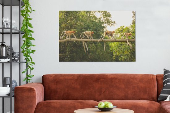 Quatre singes marchant sur toile branche 2cm 140x90 cm - Tirage photo sur toile (Décoration murale salon / chambre) / Animaux sauvages Peintures sur toile