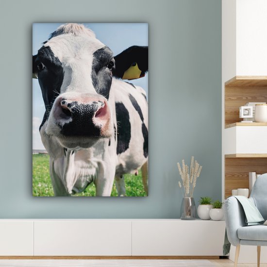 Toile - Vache - Zwart et blanc - Gros plan - Nature - Animal - Peinture sur toile vache - Décoration murale - 90x140 cm