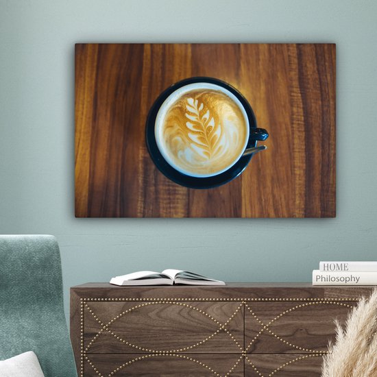 Canvas Schilderij Koffie - Tafel - Hout - 60x40 cm - Wanddecoratie