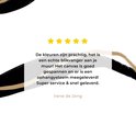 Sterrenreview met tekst in het Nederlands: "De kleuren zijn prachtig, het is een echte blikvanger aan je muur! Het canvas is goed gespannen en er is een ophangsysteem meegeleverd! Super service & snel geleverd." Irene de Jong