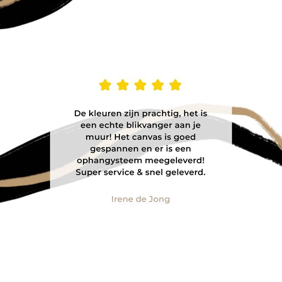 Sterrenreview met tekst in het Nederlands: "De kleuren zijn prachtig, het is een echte blikvanger aan je muur! Het canvas is goed gespannen en er is een ophangsysteem meegeleverd! Super service & snel geleverd." Irene de Jong