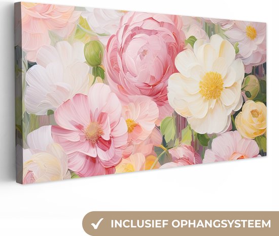 Canvas Schilderij Bloemen - Roze - Botanisch - Kunst - Acrylverf - 80x40 cm - Wanddecoratie