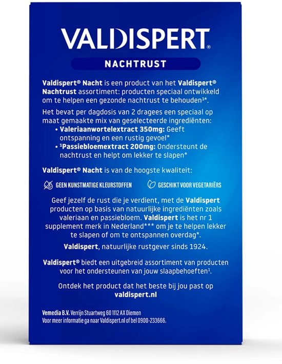 Valdispert Nacht: valeriaan en passiebloem extracten. Zonder kunstmatige kleurstoffen. Geschikt voor vegetariërs.