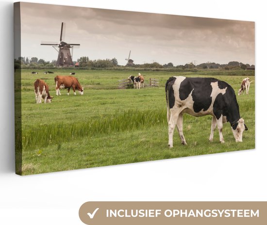 Canvas Schilderij Koeien - Molen - Nederland - 80x40 cm - Wanddecoratie