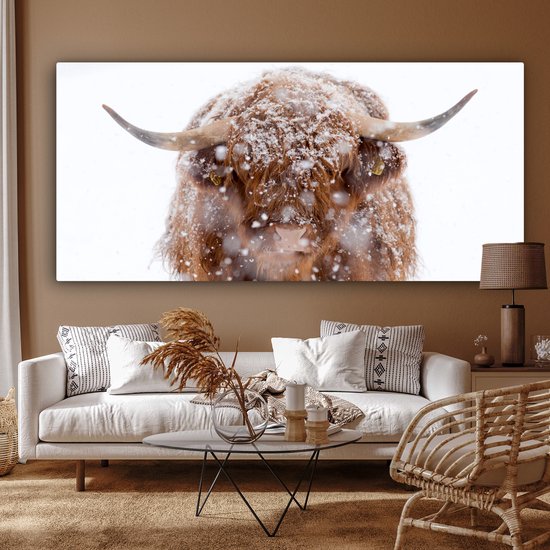 Peinture sur toile Highlander écossais - Cornes - Neige - 160x80 cm - Décoration murale